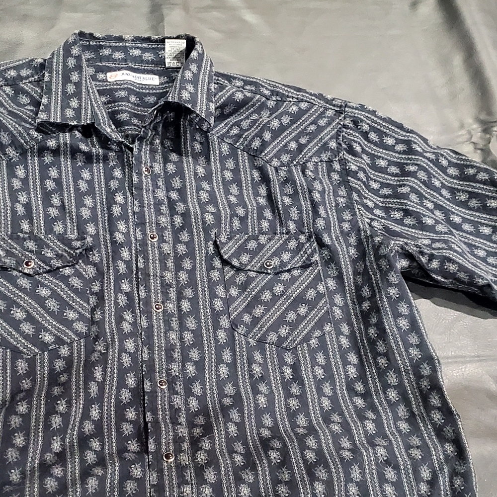 Vintage Men's westernwear.XL Anchor Blue Black striped micro floral